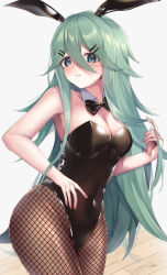 Rule 34 | 1girl, alternate costume, animal ears, bare shoulders, black bow, black bowtie, black leotard, black ribbon, blush, bow, bowtie, breasts, brown pantyhose, cleavage, covered navel, detached collar, fake animal ears, fishnet pantyhose, fishnets, green eyes, green hair, hair between eyes, hair flaps, hair ornament, hair ribbon, hairclip, highres, ice cream (aisu aisu 9898), kantai collection, leotard, long hair, looking at viewer, medium breasts, pantyhose, playboy bunny, ponytail, rabbit ears, rabbit tail, ribbon, solo, strapless, strapless leotard, tail, traditional bowtie, white background, wrist cuffs, yamakaze (kancolle)
