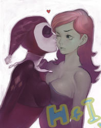 Rule 34 | 2girls, arm at side, bare arms, bare shoulders, batman (series), bodysuit, breast press, breasts, cleavage, closed eyes, colored skin, couple, crying, dc comics, domino mask, green eyes, green skin, harley quinn, hat, heart, jester cap, kiss, kissing cheek, lips, long hair, looking at another, makeup, mask, medium breasts, multiple girls, neck, one eye closed, orange hair, parted lips, poison ivy, strapless, swept bangs, symmetrical docking, tears, wince, yuri