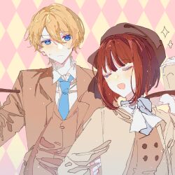 Rule 34 | 1boy, 1girl, arima kana, blonde hair, blue eyes, blue necktie, bob cut, brown vest, closed eyes, closed mouth, hat, hoshino aquamarine, inverted bob, looking at another, looking at viewer, necktie, open mouth, oshi no ko, red eyes, red hair, short hair, upper body, vest, xingfulun16203