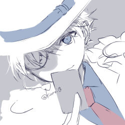 Rule 34 | 1boy, between fingers, blue bow, blue eyes, blue shirt, bow, card, closed mouth, collared shirt, dutch angle, grey background, hair over one eye, hand up, hat, hat bow, holding, holding card, jacket, kaitou kid, kuroi (liar-player), looking at viewer, male focus, meitantei conan, monocle, necktie, red necktie, shirt, simple background, sketch, smile, solo, twitter username, white hat, white jacket
