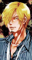 Rule 34 | 1boy, blonde hair, collared shirt, facial hair, goatee, hair over one eye, looking at viewer, male focus, necktie, one piece, open collar, sanji (one piece), shirt, solo, striped clothes, striped shirt