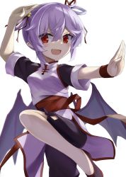 Rule 34 | 1girl, akisome hatsuka, alternate costume, bat wings, black shorts, blurry, breasts, chinese clothes, commentary request, depth of field, fang, fighting stance, hair between eyes, looking at viewer, medium hair, no headwear, no headwear, open mouth, purple hair, red eyes, remilia scarlet, short sleeves, shorts, simple background, small breasts, solo, touhou, v-shaped eyebrows, white background, wings