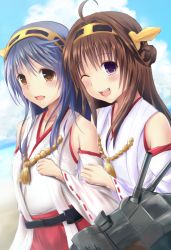 Rule 34 | 10s, 2girls, ;d, ahoge, bad id, bad pixiv id, bare shoulders, black hair, brown eyes, brown hair, detached sleeves, hair ornament, hairband, haruna (kancolle), headgear, japanese clothes, kantai collection, kisuke1212, kongou (kancolle), long hair, looking at viewer, multiple girls, one eye closed, open mouth, personification, purple eyes, ribbon-trimmed sleeves, ribbon trim, smile, wink