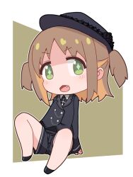 Rule 34 | + +, 1girl, alternate costume, bare legs, black hat, black shorts, brown hair, chibi, colored inner hair, commentary request, fang, full body, green eyes, hat, long sleeves, looking at viewer, madwhippedcream, medium hair, multicolored hair, oka asahi, onii-chan wa oshimai!, open mouth, orange hair, short shorts, shorts, simple background, sitting, solo, two-tone hair, two side up