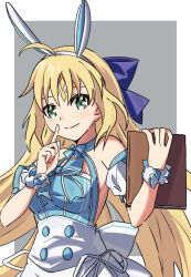 Rule 34 | 1girl, ahoge, animal ears, apron, artoria caster (fate), artoria caster (swimsuit) (fate), artoria caster (swimsuit) (second ascension) (fate), artoria pendragon (fate), backless dress, backless outfit, bare shoulders, blonde hair, blue dress, breasts, commentary request, detached sleeves, dress, fake animal ears, fate/grand order, fate (series), green eyes, halter dress, halterneck, index finger raised, kyudo6850, long hair, looking at viewer, medium breasts, rabbit ears, short sleeves, smile, solo, upper body, very long hair, waist apron, white apron, wrist cuffs