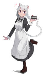 Rule 34 | 1girl, :3, animal ears, boots, braid, cake, cat ears, cat girl, cat tail, food, full body, grey hair, highres, holding, juliet sleeves, long hair, long sleeves, looking at viewer, maid, original, plate, puffy sleeves, purple eyes, saiste, simple background, smile, solo, standing, standing on one leg, tail, twin braids, white background