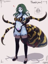 Rule 34 | 1girl, arm at side, arthropod girl, blue skin, breasts, carapace, colored skin, commentary request, commission, extra eyes, full body, green hair, hand on own hip, heart, highres, insect girl, medium breasts, monster girl, original, pubic tattoo, shadow, skeb commission, smile, solo, spider girl, standing, tattoo, thighhighs, yonaga san