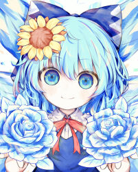 Rule 34 | 1girl, blue bow, blue dress, blue eyes, blue flower, blue hair, blush, bow, cirno, closed mouth, collared shirt, dress, fairy, flower, hair bow, highres, ice, ice wings, looking at viewer, neck ribbon, red ribbon, ribbon, ro.ro, shirt, short hair, simple background, smile, solo, touhou, white background, white shirt, wings