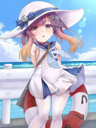 Rule 34 | 1girl, adapted costume, blue neckerchief, blue sailor collar, blue sky, cloud, day, dress, em s, feet out of frame, gradient hair, hat, highres, kantai collection, lifebuoy, long hair, multicolored hair, neckerchief, orange hair, outdoors, pantyhose, purple eyes, purple hair, sailor collar, sailor dress, short dress, sidelocks, sky, sleeveless, sleeveless dress, solo, standing, sun hat, swim ring, tsushima (kancolle), white dress, white hat, white pantyhose
