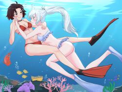 Rule 34 | 2girls, :t, aauugghh garrison, absurdres, bikini, black choker, black hair, blue eyes, blush, breasts, bubble, choker, colored tips, commentary, commission, coral, earrings, english commentary, fish, flippers, full body, grey eyes, grin, highres, holding hands, jewelry, medium breasts, multicolored hair, multiple girls, navel, pixiv commission, ponytail, red bikini, red hair, ruby rose, rwby, scar, scar across eye, scar on face, smile, swimming, swimsuit, thighs, underwater, water, weiss schnee, white bikini, white hair, yuri