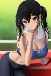 Rule 34 | 1girl, adidas, aqua eyes, arm at side, arm support, bare arms, bare shoulders, black hair, black pants, black sports bra, bra, breasts, cleavage, crop top, day, eyelashes, highres, large breasts, long hair, looking at viewer, midriff, mole, mole under eye, myabit, navel, original, outdoors, pants, parted lips, shiny skin, sidelocks, sitting, sleeveless, solo, sports bra, sportswear, standing, stomach, sweat, toned, towel, towel around neck, track and field, twintails, underwear, yoga pants, yokozuwari