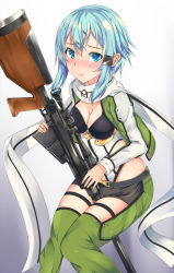 Rule 34 | 10s, 1girl, anti-materiel rifle, blue eyes, blue hair, blush, bolt action, breasts, cleavage, gun, highres, looking at viewer, matching hair/eyes, nora (gurimu000), pgm hecate ii, rifle, short hair, sinon, sitting, sniper rifle, solo, sword art online, weapon