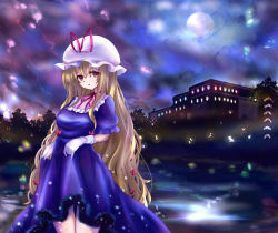 Rule 34 | 1girl, blonde hair, bow, building, choker, clothes lift, cloud, dress, dress lift, forest, full moon, gloves, hair bow, hat, hat ribbon, highres, lights, long hair, looking at viewer, mob cap, moon, nature, night, night sky, parted lips, purple dress, purple eyes, reflection, ribbon, ribbon choker, short sleeves, silhouette, sky, solo, thighs, totolarc, touhou, very long hair, wading, water drop, white gloves, yakumo yukari