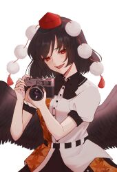 Rule 34 | 1girl, :d, belt, bird wings, black bow, black bowtie, black hair, black skirt, black wings, bow, bowtie, camera, commentary, hat, highres, holding, holding camera, looking at viewer, open mouth, pom pom (clothes), red eyes, red hat, shameimaru aya, shirt, short hair, short sleeves, simple background, skirt, smile, solo, tokin hat, touhou, umeko 81, white background, white shirt, wings