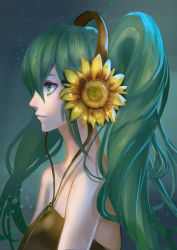 Rule 34 | 1girl, flower, green eyes, green hair, hatsune miku, headphones, liliore(l.ily), long hair, matching hair/eyes, profile, solo, twintails, vocaloid