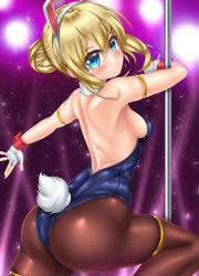 Rule 34 | 1girl, absurdres, animal ears, ass, black pantyhose, blonde hair, blue eyes, blush, breasts, fake animal ears, fishnet pantyhose, fishnets, gloves, highres, leotard, looking at viewer, medium breasts, oooqqq, pantyhose, playboy bunny, pole dancing, rabbit ears, regalia the three sacred stars, smile, solo, tail, yuinshiel asteria