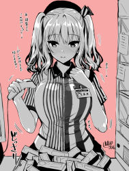 Rule 34 | 10s, 1girl, 2016, alternate costume, barcode scanner, beret, blush, box, breasts, dated, employee uniform, eyebrows, hat, kantai collection, kashima (kancolle), kojima saya, large breasts, lawson, monochrome, motion lines, open mouth, pink background, short sleeves, simple background, solo, spot color, sticky note, translation request, twintails, uniform