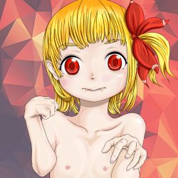 Rule 34 | 1girl, blonde hair, blush, breasts, closed mouth, collarbone, fangs, female focus, fingernails, flandre scarlet, flat chest, hair ornament, hair ribbon, hands up, highres, lip biting, looking at viewer, nipples, nude, red eyes, ribbon, short hair, side ponytail, small breasts, solo, teeth, touhou, upper body, vampire