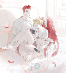 Rule 34 | 2boys, beard, blonde hair, blue eyes, boku no hero academia, couple, deavor lover, facial hair, feathered wings, feathers, full body, hawks (boku no hero academia), highres, crossed legs, male focus, manly, multiple boys, mustache, on lap, red hair, scar, sitting, sitting on person, spiked hair, endeavor (boku no hero academia), upper body, wings