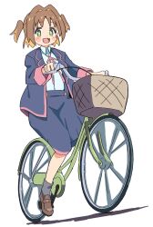 Rule 34 | 1girl, :d, bicycle, bicycle basket, black jacket, black skirt, blush stickers, brown footwear, brown hair, colored inner hair, commentary, diamond-shaped pupils, diamond (shape), dot nose, fang, full body, green eyes, grey socks, hair intakes, highres, jacket, loafers, long sleeves, looking at viewer, multicolored hair, neck ribbon, noyama takenoko, oka asahi, onii-chan wa oshimai!, open clothes, open jacket, open mouth, orange hair, red ribbon, ribbon, riding, riding bicycle, school uniform, shirt, shoes, short hair, simple background, skirt, smile, socks, solo, suspender skirt, suspenders, symbol-shaped pupils, two-tone hair, two side up, white background, white shirt