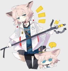 Rule 34 | !, 1girl, absurdres, ahoge, animal ears, arknights, black pantyhose, blue eyes, blue shirt, blush, blush stickers, chibi, choker, closed mouth, cropped legs, fox ears, fox girl, fox tail, gloves, grey background, highres, holding, holding staff, jacket, looking at viewer, material growth, medic, multiple views, no pupils, notice lines, odmised, open clothes, oripathy lesion (arknights), pantyhose, shirt, short hair, simple background, skirt, sparkle, staff, sussurro (arknights), tail, white background, white gloves, white jacket