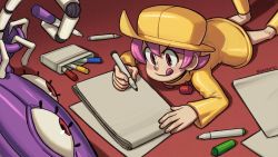 Rule 34 | 1girl, boots, drawing, hat, highres, hungern (skullgirls), kinuko (kinucakes), lying, marker, notebook, on floor, on stomach, paper, raincoat, red background, red eyes, skullgirls, smile, solo, tongue, tongue out, umbrella (skullgirls)