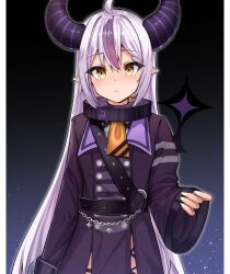 Rule 34 | 1girl, ahoge, black background, black collar, blush, coat, collar, grey hair, highres, hololive, horns, la+ darknesss, la+ darknesss (1st costume), long sleeves, looking at viewer, metal collar, multicolored hair, neckerchief, pointy ears, purple coat, purple hair, solo, streaked hair, tokuya, two-tone background, virtual youtuber, white background, yellow eyes, yellow neckerchief