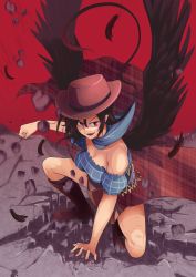 Rule 34 | 1girl, arm up, ashiroku (miracle hinacle), bare shoulders, black hair, blue shirt, blue sleeves, boots, breasts, broken ground, brown dress, brown footwear, brown hat, cleavage, clenched hand, collarbone, commentary request, cowboy hat, dress, evil smile, fang, feathered wings, feathers, floating, floating object, full body, grin, hair between eyes, hand up, hat, highres, horse girl, horse tail, knees, kurokoma saki, long hair, looking at viewer, medium breasts, multicolored clothes, multicolored dress, off-shoulder shirt, off shoulder, open mouth, plaid, plaid skirt, ponytail, puffy short sleeves, puffy sleeves, red eyes, rock, scarf, shirt, short sleeves, skirt, smile, solo, squatting, superhero landing, tail, thighs, touhou, white scarf, wings