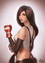 Rule 34 | 1990s (style), 1girl, arm guards, artist name, bad deviantart id, bad id, bare shoulders, blush, brown background, brown eyes, brown hair, clenched hand, elbow gloves, final fantasy, final fantasy vii, fingerless gloves, gloves, gradient background, light smile, lips, long hair, looking at viewer, low-tied long hair, raikoart, red gloves, retro artstyle, shirt, simple background, sleeveless, sleeveless shirt, solo, suspenders, tank top, tifa lockhart, very long hair, white shirt