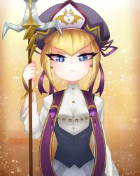 Rule 34 | 1girl, beret, blonde hair, blue eyes, commentary request, glaring, hat, heart, highres, kirby: star allies, kirby (series), littlecloudie, looking at viewer, nintendo, personification, polearm, signature, solo, spear, weapon, yellow background, zan partizanne