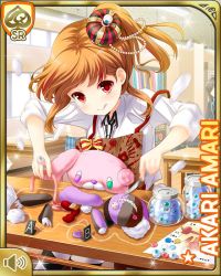 Rule 34 | 1girl, amari akari, apron, bandages, brown hair, card (medium), character name, classroom, closed mouth, crown, girlfriend (kari), green skirt, hair ornament, indoors, jar, looking at object, multicolored hair, nail polish, official art, plaid, plaid skirt, qp:flapper, red eyes, red hair, red nails, school uniform, sewing, shirt, short hair, side ponytail, sitting, skirt, smile, solo, solo focus, striped clothes, striped thighhighs, thighhighs, white shirt, zettai ryouiki