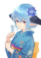 Rule 34 | 1girl, blue hair, closed mouth, dragon horns, flower, hair between eyes, hair flower, hair ornament, hands up, horns, japanese clothes, kimono, looking at viewer, obi, pointy ears, ponzu (catponz), print kimono, red eyes, sash, shadowverse, short hair, simple background, solo, upper body, white background, whitefrost dragonewt filene