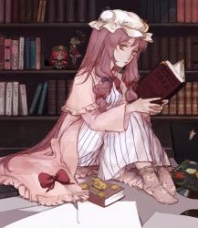 Rule 34 | 1girl, absurdres, blue bow, book, bookshelf, bow, character doll, cirno, crescent, crescent hat ornament, cyrillic, dress, figure, flandre scarlet, fumo (doll), hat, hat ornament, highres, hong meiling, long dress, long hair, mob cap, patchouli knowledge, print socks, purple hair, record, red bow, red eyes, russian text, socks, striped clothes, striped dress, svveetberry, touhou, translated, vertical-striped clothes, vertical-striped dress