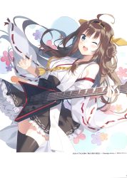 Rule 34 | 1girl, absurdres, bare shoulders, black thighhighs, blush, brown eyes, double bun, electric guitar, floral background, flower, frilled skirt, frills, guitar, hair bun, headgear, highres, instrument, jackson rhoads, japanese clothes, kantai collection, kongou (kancolle), long hair, looking at viewer, nontraditional miko, one eye closed, open mouth, rie (reverie), scan, shiny clothes, simple background, skirt, smile, solo, thighhighs, wide sleeves, zettai ryouiki
