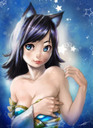 Rule 34 | 10s, 1girl, 2014, animal ears, bare shoulders, black hair, blue eyes, breasts squeezed together, breasts, cat ears, cleavage, highres, long hair, original, robert knight, sky, small breasts, solo, star (sky), star (symbol), starry background, starry sky