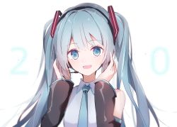 Rule 34 | 1girl, :d, a.a (aa772), absurdres, bare shoulders, black sleeves, blue eyes, blue hair, blue necktie, blush, collared shirt, commentary, detached sleeves, grey shirt, hair between eyes, hair ornament, hands up, hatsune miku, headphones, headset, highres, long hair, long sleeves, looking at viewer, necktie, open mouth, shirt, simple background, sleeveless, sleeveless shirt, smile, solo, teeth, twintails, upper body, upper teeth only, vocaloid, white background