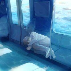 Rule 34 | 1boy, air bubble, blue theme, bubble, driftwoodwolf, fish, lying, male focus, on side, original, pants, shoes, solo, sunlight, track pants, train, train interior, underwater