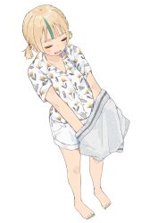 Rule 34 | 1girl, bare legs, barefoot, blonde hair, closed eyes, collared shirt, from above, full body, highres, mashiro ka, multicolored hair, nail polish, open mouth, original, shirt, short twintails, shorts, sigh, solo, streaked hair, toenail polish, toenails, twintails, undressing, unworn sweater, white background, white shorts