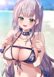 Rule 34 | 1girl, absurdres, anchor print, beach, bikini, blunt bangs, blurry, blurry background, blush, breasts, chierishu, cleavage, commentary, day, green eyes, highres, hololive, large breasts, lens flare, long hair, looking at viewer, nail polish, navel, ocean, official alternate costume, outdoors, scrunchie, shirogane noel, shirogane noel (summer 2020), silver hair, smile, solo, swimsuit, teeth, underboob, upper body, upper teeth only, very long hair, virtual youtuber, wrist scrunchie
