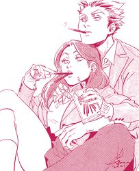 Rule 34 | 1boy, 1girl, blazer, bokuto koutarou, bow, bowtie, eyebrows, eyelashes, food, haikyuu!!, hetero, holding, holding food, jacket, crossed legs, long hair, long sleeves, looking to the side, mouth hold, open clothes, open jacket, parted lips, pocky, school uniform, shirofuku yukie, short hair, sitting, sitting on lap, sitting on person, size difference, skirt, spiked hair, spot color, spread legs, temari am, white background
