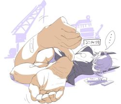 Rule 34 | ..., 10s, 1girl, bandaid, bandaid on knee, bandaid on leg, barefoot, commentary request, countdown timer, crane (machine), dock, feet, foot focus, foreshortening, from behind, headgear, kantai collection, lying, on side, panties, pantyshot, patch, pleated skirt, purple hair, short hair, sketch, skirt, soles, solo, spoken ellipsis, sweater, tenryuu (kancolle), toe scrunch, toes, torichamaru, underwear