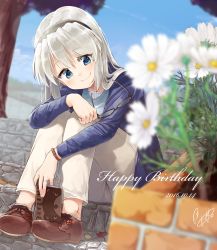 Rule 34 | 00s, 10s, 1girl, 2016, blue eyes, blue jacket, blurry, brick, brown footwear, clannad, cross-laced footwear, daisy, dated, day, depth of field, unworn eyewear, flower, glasses, hairband, happy birthday, head tilt, holding, holding removed eyewear, hugging own legs, jacket, leaning forward, legs together, long hair, long sleeves, looking at viewer, naka akira, notepad, open clothes, open jacket, outdoors, pants, plant, sakagami tomoyo, shoelaces, shoes, signature, silver hair, sitting, sitting on stairs, sky, smile, solo, stairs, tree, white pants