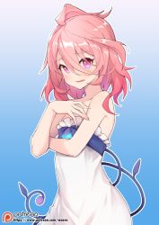 Rule 34 | 1girl, bare arms, bare shoulders, blue background, child (elsword), collarbone, commentary request, dress, elsword, gradient background, hair between eyes, laby (elsword), long hair, looking at viewer, parted lips, pink eyes, pink hair, purple background, sharp teeth, solo, strapless, strapless dress, teeth, waero, watermark, web address