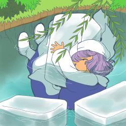 Rule 34 | 1girl, closed eyes, female focus, hat, hug, ice, letty whiterock, onikobe rin, outdoors, partially submerged, plant, smile, solo, touhou, water