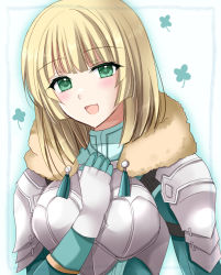 Rule 34 | 1girl, armor, blonde hair, blunt bangs, blunt ends, blush, bob cut, breastplate, commentary request, fire emblem, fire emblem: three houses, fire emblem warriors, fire emblem warriors: three hopes, fur collar, gloves, green eyes, hand on own chest, ingrid brandl galatea, kirishima riona, looking at viewer, mixed-language commentary, nintendo, open mouth, short hair, shoulder armor, smile, solo, straight hair, upper body