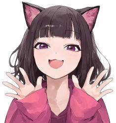 Rule 34 | animal ears, blunt bangs, blush, bob cut, brown hair, cat ears, commentary, fang, hair strand, kmnz, light blush, mc liz, modare, open mouth, outstretched hand, pink shirt, profile, purple eyes, shirt, simple background, sleeves past wrists, smile, solo, sweater, virtual youtuber, white hair