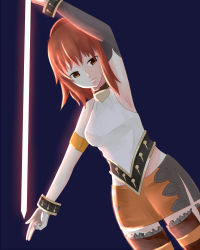 Rule 34 | 1girl, arm up, armband, breasts, brown eyes, detached sleeves, female focus, gradient background, itiies, karin koenig, long hair, miniskirt, red hair, shadow hearts, shadow hearts ii, skirt, solo, sword, thighhighs, weapon
