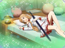 Rule 34 | 1girl, :d, asuna (sao), bare legs, bed, bedroom, braid, brown eyes, brown hair, dress, female focus, french braid, game cg, holding, holding sword, holding weapon, lantern, lens flare, long hair, long sleeves, looking at viewer, lying, on back, on bed, open mouth, pillow, sheath, sheathed, short dress, smile, solo, sparkle, sword, sword art online, sword art online: alicization rising steel, very long hair, weapon, white dress