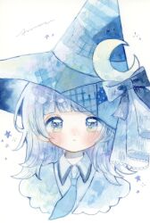 Rule 34 | 1girl, :&lt;, amou 0220, blue hat, blue necktie, blunt bangs, blush, closed mouth, collared shirt, cropped head, dot nose, hat, highres, looking at viewer, necktie, original, shirt, signature, simple background, solo, star (symbol), straight-on, white background, white hair, white shirt, witch hat