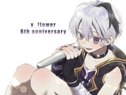 Rule 34 | 1girl, anniversary, bandaged arm, bandages, bare shoulders, belt collar, character name, collar, commentary, fang, fingerless gloves, flower (vocaloid), flower (vocaloid4), gloves, highres, holding, holding microphone, jacket, knees up, kumagu, looking at viewer, microphone, multicolored hair, nail polish, open mouth, purple gloves, purple hair, purple jacket, purple nails, purple shirt, shirt, short hair, skin fang, sleeveless, sleeveless jacket, smile, solo, streaked hair, vocaloid, white hair